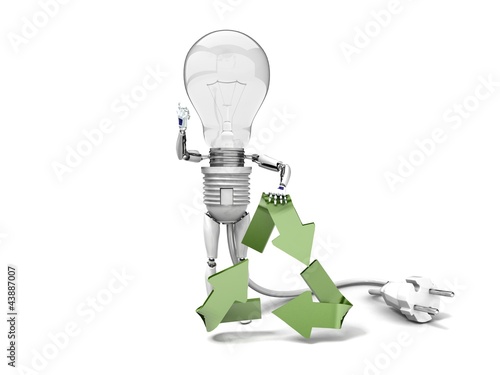 Illustration: The robot "bulb" leans on recycling symbol and show "ok" The robot "bulb" leans on recycling symbol and show "ok"