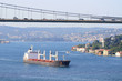 Transportation with a cargo ship sailing under the bridge..