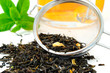 Dried Tea Leaves with Sieve and Tea Cup