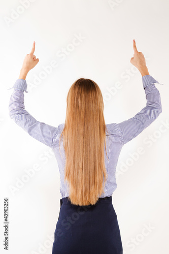 Photo: Businesswoman with hand and fingers up isolated Businesswoman with hand and fingers up isolated