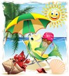 Cartoon Fish with Ice Cream on Exotic Beach-Vector