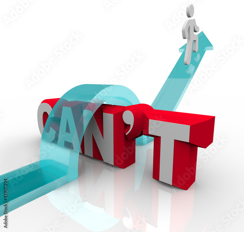 Illustration: Person Climbing Over Word Can't to Achieve Goal Success Person Climbing Over Word Can't to Achieve Goal Success