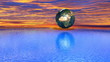The earth flying on a blue ocean