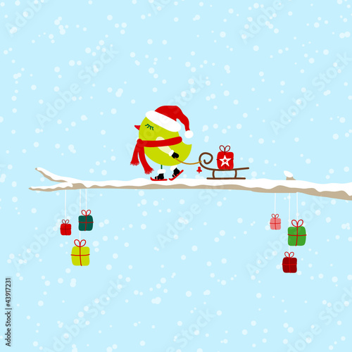 Ilustração vetorial : Green Bird Skiing Pulling Sleigh With Gift On Tree Green Bird Skiing Pulling Sleigh With Gift On Tree
