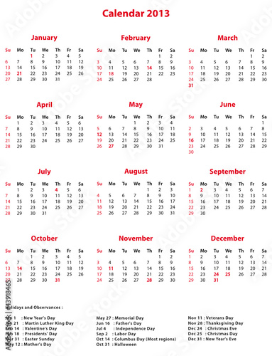 2013 Calendar Holidays on Photo  Simple 2013 Office Calendar With Holidays And Observances
