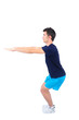 Young man doing exercise on white