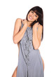 happy woman fitting new dress isolated over white