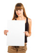 friendly teen girl presenting blank poster, half length, isolate