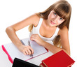 cute teen girl homeschooling with books and tablet isolated over
