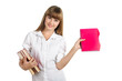smiling teen schoolgirl holding notebook isolated over white