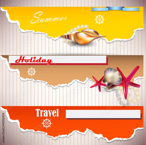 Vector: Set of Holiday banners with shells and place for text. Torn pape Set of Holiday banners with shells and place for text. Torn pape