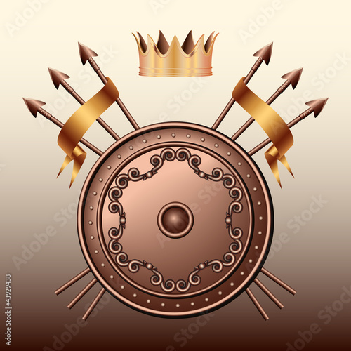 Vektor: Crown, Bronze shield and crossed spears. Crown, Bronze shield and crossed spears.