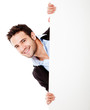 Happy businessman with banner