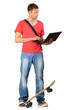 Young man with skateboard and notebook on white