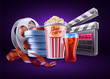 Movie, cinema: popcorn, soda, film stale, roll, container
