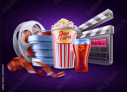 Vektor: Movie, cinema: popcorn, soda, film stale, roll, container Movie, cinema: popcorn, soda, film stale, roll, container