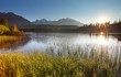Sunset on mountain lake - Strbske pleso in Slovakia.