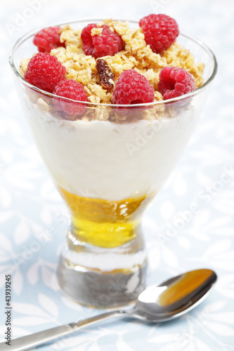Photo: Breakfast with honey, yogurt, raspberry, and crunches Breakfast with honey, yogurt, raspberry, and crunches