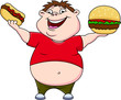 Fat boy with burger and hot dog