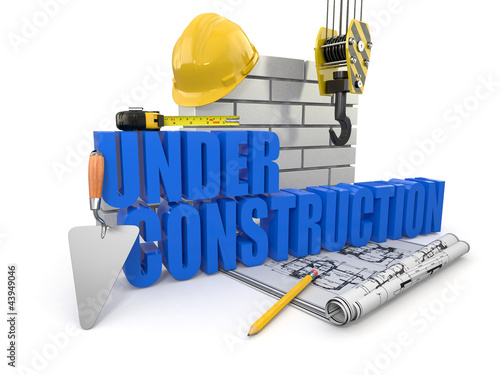 Illustration: Under construction. Tools, hardhat and wall. 3d Under construction. Tools, hardhat and wall. 3d