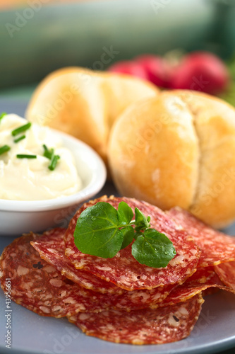 Photo: Thin salami slices with cream cheese and buns Thin salami slices with cream cheese and buns