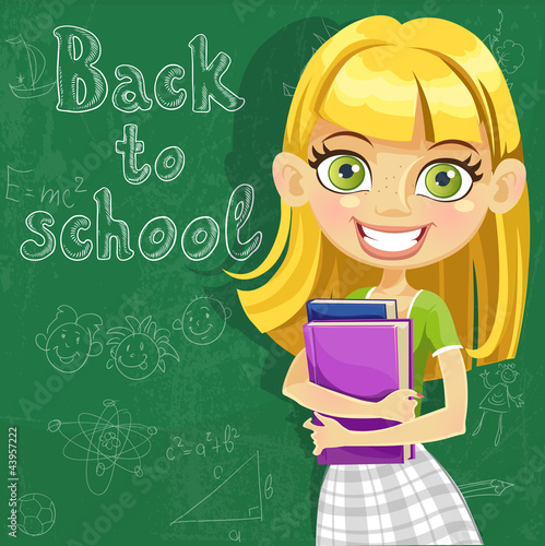 Vector: Сute teenager girl at the board ready to learn Сute teenager girl at the board ready to learn