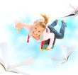 Photo: Back to School. Schoolgirl Flying With Her Books and Notebooks Back to School. Schoolgirl Flying With Her Books and Notebooks