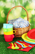 bright plastic disposable tableware and picnic basket