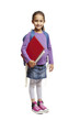 8 year old school girl with backpack on white background