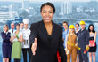 Business woman and Group of industrial workers.
