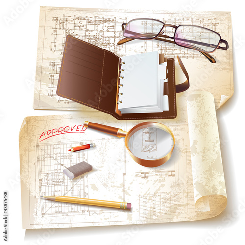 Vector: Grunge architectural background with rolls of drawings Grunge architectural background with rolls of drawings