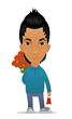 Cartoon guy with flowers and gift
