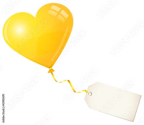 Vektor: Flying Yellow Heart Balloon & Beige Label Flying Yellow Heart Balloon & Beige Label