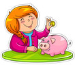 Vector: little girl putting a coin in her piggy bank little girl putting a coin in her piggy bank