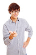 College student shows forefinger