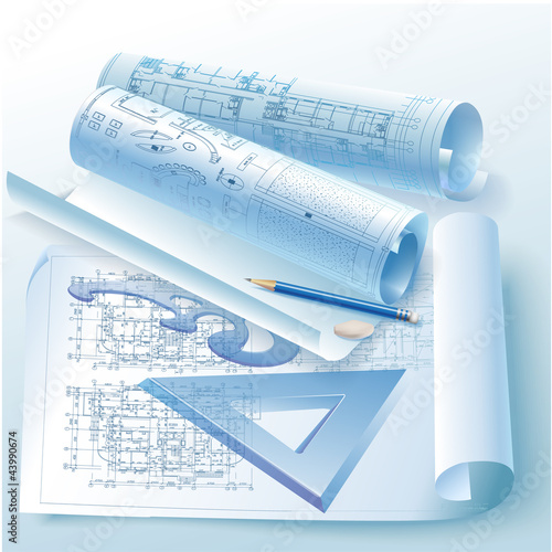 Vektor: Architectural background with rolls of drawings Architectural background with rolls of drawings