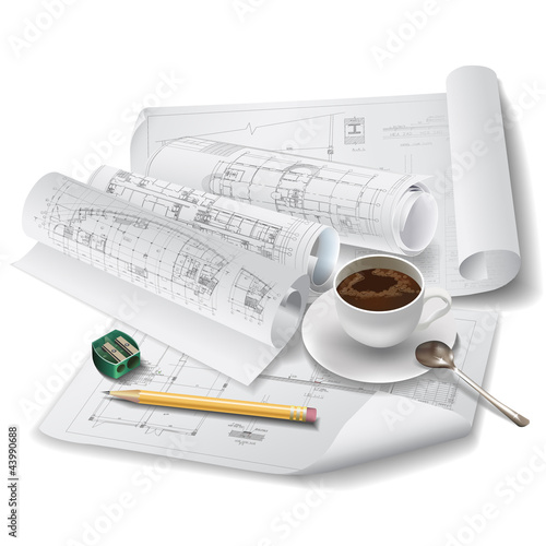 Vektor: Architectural background with rolls of drawings Architectural background with rolls of drawings