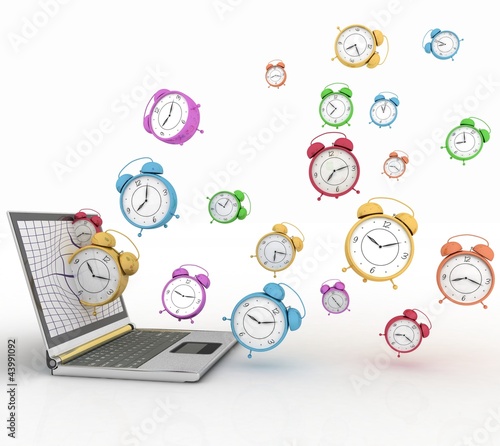 Illustration: notebook and clock, taking off from his screen notebook and clock, taking off from his screen