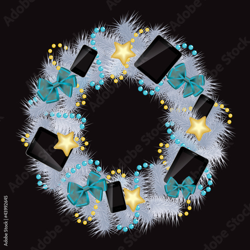 Vektor: Realistic christmas wreath wih phones and tablets on vintage bac Realistic christmas wreath wih phones and tablets on vintage bac