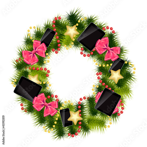 Vektor: Realistic christmas wreath wih phones and tablets on vintage bac Realistic christmas wreath wih phones and tablets on vintage bac