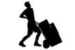 A silhouette of a full length portrait of a delivery boy, suffer
