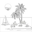 Island with palm and ship