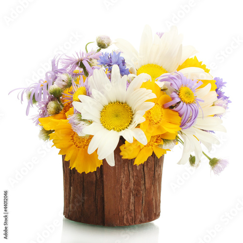 Photo: beautiful bouquet of bright wildflowers in wooden flowerpot, beautiful bouquet of bright wildflowers in wooden flowerpot,