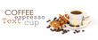 Cup of coffee with ingredients on a white background