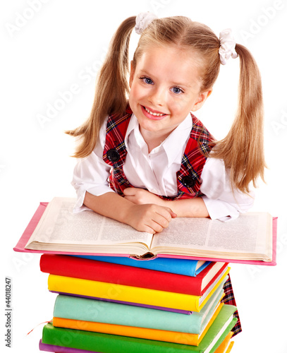 Photo: Child with stack book. Child with stack book.