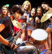 Band playing musical  instrument.