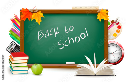 Vector: Back to school Green desk with school supplies Back to school Green desk with school supplies