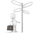 Illustration: Decisions. 3D little human character looking at a Street Sign. Decisions. 3D little human character looking at a Street Sign.