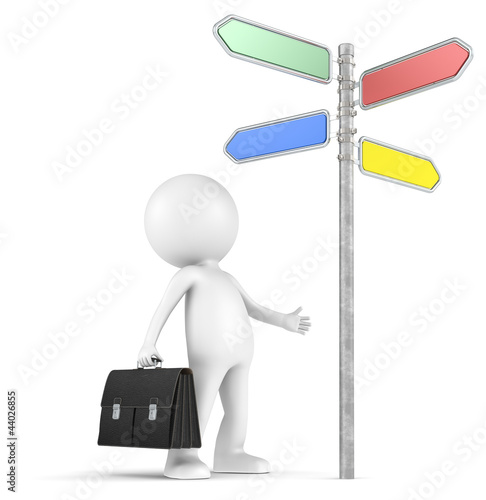 Illustration: SEO. 3D little human character infront of a Directional Sign SEO. 3D little human character infront of a Directional Sign