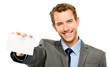 Foto: Closeup of attractive young man holding placard sign on white b Closeup of attractive young man holding placard sign on white b